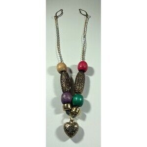 Beaded Sweater Clip w/ Puffy Heart Charm Gold Tone w/  Red Purple & Green Beads